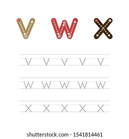 Learning to write a letter - V,W,X. A practical sheet from a set of exercises for the development and education of children. Writing a letter from the English alphabet. Vector illustration.