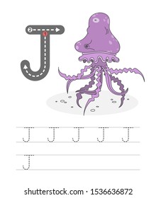 Learning to write a letter - W. A practical sheet from a set of exercises game for kids. Funny water inhabitant with letter. Spelling the alphabet. Child development and education. Jellyfish - Vector.