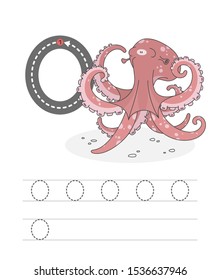 Learning to write a letter - W. A practical sheet from a set of exercises game for kids. Funny water inhabitant with letter. Spelling the alphabet. Child development and education. Octopus - Vector.