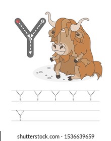 Learning to write a letter - Y. A practical sheet from a set of exercises game for kids. Cartoon funny animal with letter. Spelling the alphabet. Child development and education. Yak - Vector.