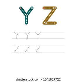 Learning to write a letter - Y,Z. A practical sheet from a set of exercises for the development and education of children. Writing a letter from the English alphabet. Vector illustration.