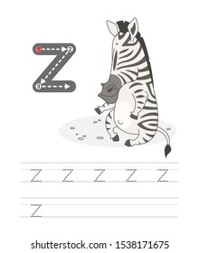 Learning to write a letter - z. A practical sheet from a set of exercises game for kids.Cartoon funny african animal with letter. Spelling the alphabet.Child development and education. Zebra - Vector