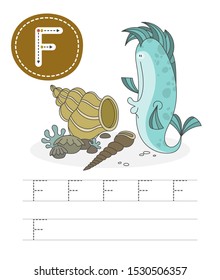 Learning to write a letter-F. A practical sheet from a set of exercises game for kids. Cartoon funny water inhabitant with letter. Spelling the alphabet. Child development and education. Fish-Vector