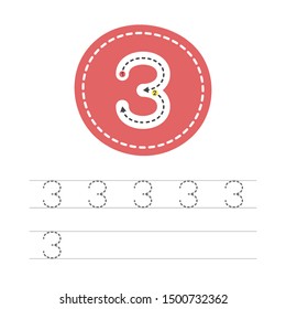 Learning to write a number - 3. A practical sheet from a set of exercises for the development and education of children. Spelling a number three. Vector illustration.