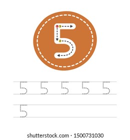 Learning to write a number - 5. A practical sheet from a set of exercises for the development and education of children. Spelling a number five. Vector illustration.