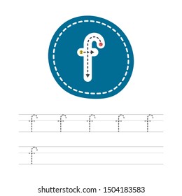 Learning to write a small letter - F. A practical sheet from a set of exercises for the development and education of children. Spelling a letter from the English alphabet. Vector illustration.