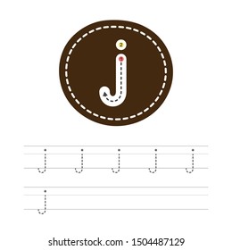 Learning to write a small letter - J. A practical sheet from a set of exercises for the development and education of children. Spelling a letter from the English alphabet. Vector illustration.