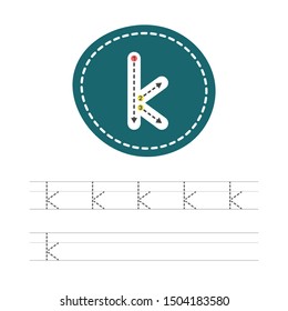 Learning to write a small letter - K. A practical sheet from a set of exercises for the development and education of children. Spelling a letter from the English alphabet. Vector illustration.