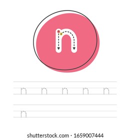 Learning to write a small letter n. A practical sheet from a set of exercises for the development and education of children. Spelling a letter from the English alphabet. Vector illustration. Letter n