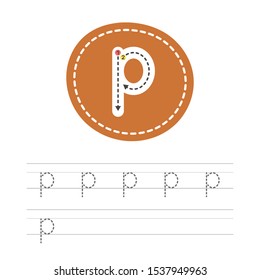 Learning to write a small letter - P. A practical sheet from a set of exercises for the development and education of children. Spelling a letter from the English alphabet. Vector illustration.