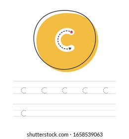 Learning to write a small letter. A practical sheet from a set of exercises for the development and education of children. Spelling a letter from the English alphabet. Vector illustration.
