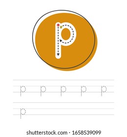 Learning to write a small letter. A practical sheet from a set of exercises for the development and education of children. Spelling a letter from the English alphabet. Vector illustration.