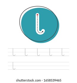 Learning to write a small letter. A practical sheet from a set of exercises for the development and education of children. Spelling a letter from the English alphabet. Vector illustration.