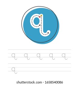 Learning to write a small letter. A practical sheet from a set of exercises for the development and education of children. Spelling a letter from the English alphabet. Vector illustration.