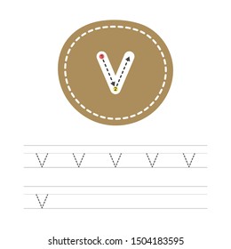 Learning to write a small letter - V. A practical sheet from a set of exercises for the development and education of children. Spelling a letter from the English alphabet. Vector illustration.