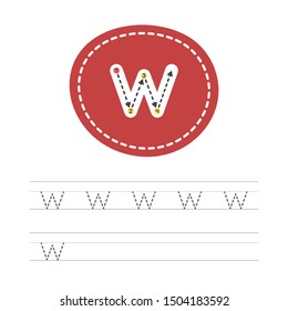 Learning to write a small letter - W. A practical sheet from a set of exercises for the development and education of children. Spelling a letter from the English alphabet. Vector illustration.
