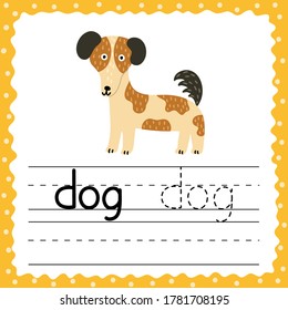 Learning to write words flashcard. Three letters word - Dog. Tracing exercise flash card with cute animal. Writing practice worksheet. Vector illustration