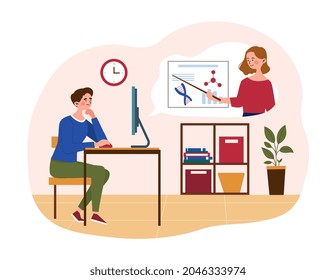 Learns From Home. Boy sitting in room in front of computer screen and listening to online biology lesson. Distance learning at school. Cartoon flat vector illustration isolated on white background