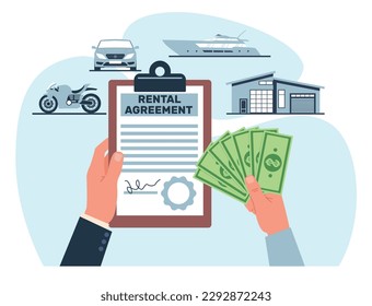 Lease agreement form, signing lease for house, car, yacht and motorcycle. Hand hold document with signature and money, real estate contract, cartoon flat style isolated vector concept