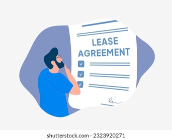 Lease agreement illustration concept. Buyer reading before signing house purchase contract. Understand lease agreement terms and avoid disputes. Ideal for lease real estate presentations.