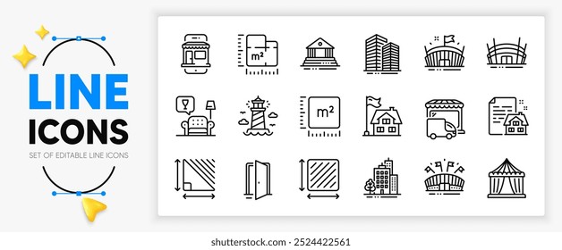 Contrato de arrendamento, Construção e área quadrada ícones de linha definidos para o aplicativo incluem edifício da corte, farol, Arena estádio delinear ícone fino. Metro quadrado, Porta aberta, Entrega caminhão pictograma ícone. Vetor