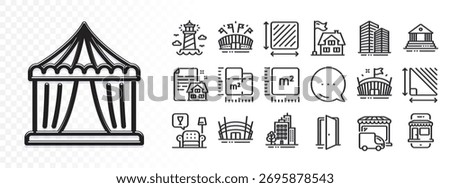 Lease contract, Building and Square area line icons for web app. Glare of light effect. Message icon. Pack of Court building, Lighthouse, Arena stadium pictogram icons. Vector