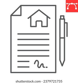 Icono de línea de contrato de arrendamiento, inmueble y firma, icono del vector del acuerdo de vivienda, gráficos vectoriales, símbolo de contorno de trazo editable, eps 10.