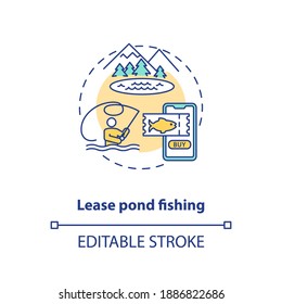 Lease pond fishing concept icon. Interesting vacation options. Fish catching activities. Agritourism idea thin line illustration. Vector isolated outline RGB color drawing. Editable stroke