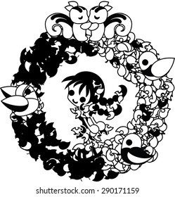 The lease of  small animals and a girl in the dress of colored leaves.