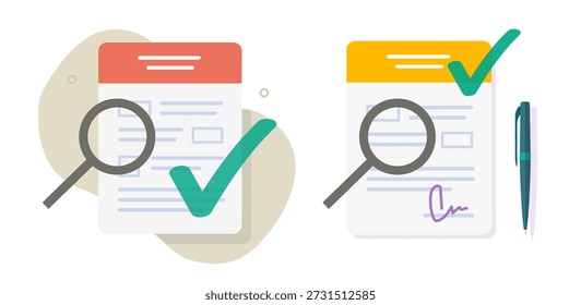 Lease statement document sign audit icon vector graphic illustration set, modern contract signature form verification inspect, business tax investigation review, paper report analysis assessment