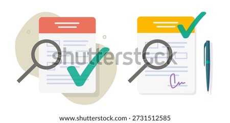 Lease statement document sign audit icon vector graphic illustration set, modern contract signature form verification inspect, business tax investigation review, paper report analysis assessment