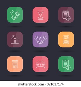 Leasing, banking, loan, lending, line rounded square icons, vector illustration