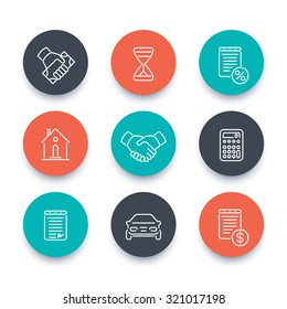 Leasing, banking, loan, lending, line round flat icons, vector illustration