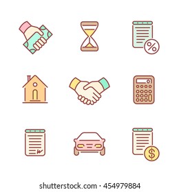 Leasing, banking, loan line icons with color filling