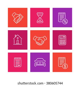 Leasing line icons, loan, deal, handshake square icons on white, vector illustration