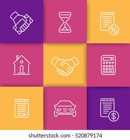 Leasing line icons set, banking, loan, assets, deal, arrangement