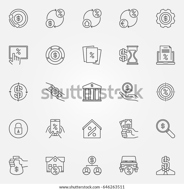 Leasing and
loan icons set. Vector collection of banking and financial symbols
or design elements in thin line
style