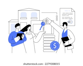 Leasing service abstract concept vector illustration. Real estate agent giving keys to clients, leasing services, taking loan, brokerage company business, purchasing property abstract metaphor.