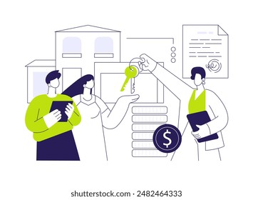 Leasing service abstract concept vector illustration. Real estate agent giving keys to clients, leasing services, taking loan, brokerage company business, purchasing property abstract metaphor.