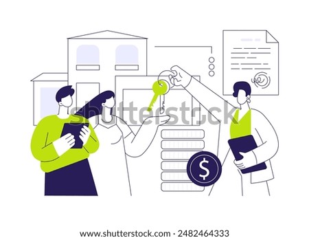 Leasing service abstract concept vector illustration. Real estate agent giving keys to clients, leasing services, taking loan, brokerage company business, purchasing property abstract metaphor.
