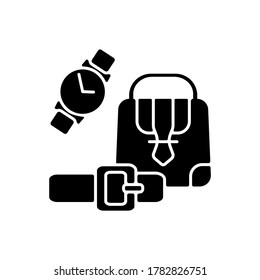 Leather accessories black glyph icon. Men and women stylish garment. Online store and shopping mall category. Bags and belts. Silhouette symbol on white space. Vector isolated illustration