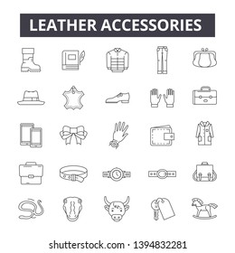 Leather accessories line icon signs. Linear vector outline illustration set concept.