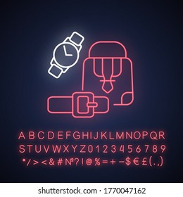 Leather accessories neon light icon. Men and women stylish garment. Bags and belts. Outer glowing effect. Sign with alphabet, numbers and symbols. Vector isolated RGB color illustration