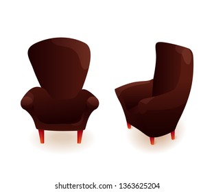 Leather armchairs flat illustrations set. Brown cozy chairs front and side perspective views. Apartment, house interior decor element. Furniture for modern living room isolated cliparts pack