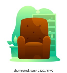 Leather armchairs flat illustrations set. Brown cozy chair front views. Apartment, house interior decor element. Furniture for modern living room isolated cliparts pack