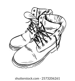 Leather army shoes . Hand drawn vector illustration of hiking boots. Linear drawing of military footwear. Equipment for outdoor activity. Monochrome art.