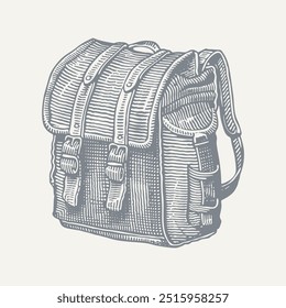 Mochila de couro. Vintage woodcut gravura estilo ilustração vetor.