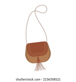 Leather bag in boho style. Women's small shoulder handbag with fringe. Boho outfit. Vector illustration. 