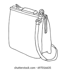 Leather bag on white background. Line art sketch illustration. Bag with a belt.
