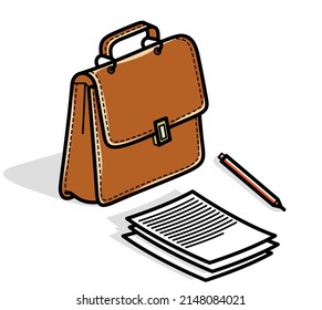 Leather bag with paper documents and pen vector illustration or icon isolated on white, briefcase businessman fashion accessory, contract signing, lawyer concept.